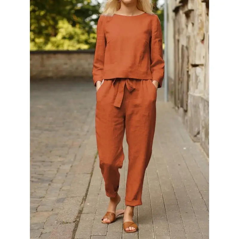 Linen Women's Casual Two-Piece Suit Brown 2022