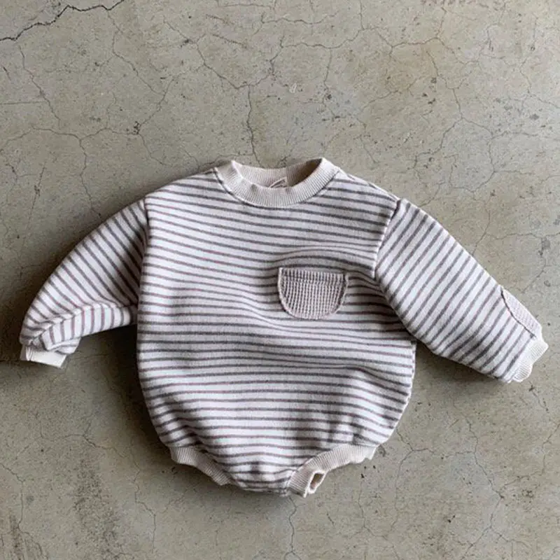 Korean Style Striped Baby Round Neck Bag Fart One-Piece Romper - Image 2