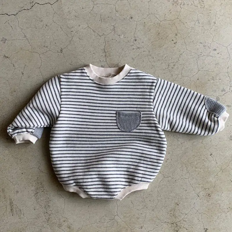 Korean Style Striped Baby Round Neck Bag Fart One-Piece Romper - Image 3