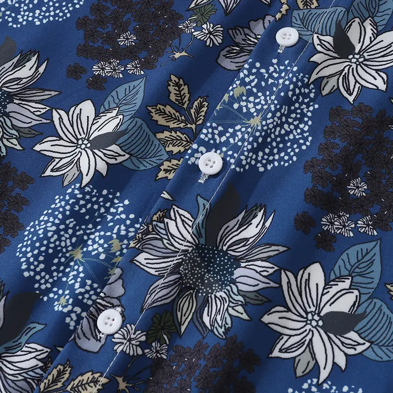 Long Sleeve Floral Shirt for Men Women Blue - Image 3