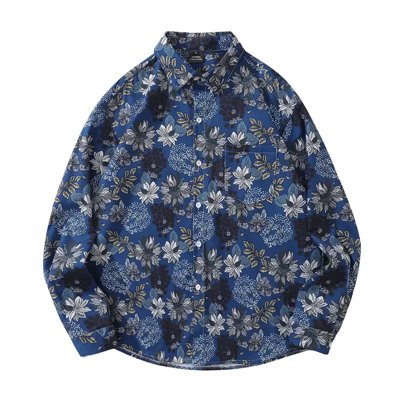 Long Sleeve Floral Shirt for Men Women Blue - Image 5