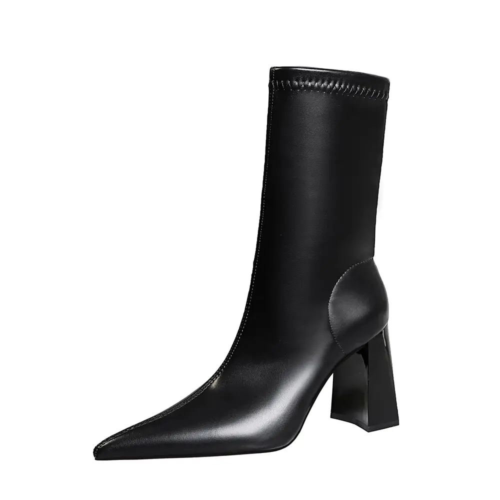 Women's Beige Leather Heel Boots with Block Height - Image 31