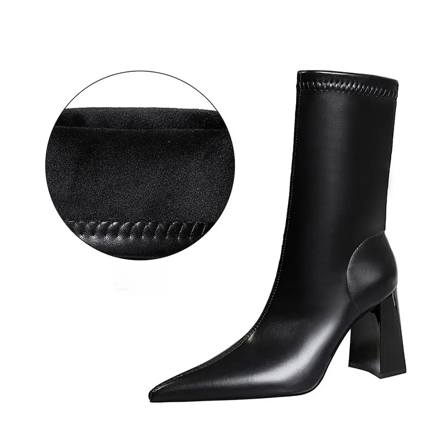 Women's Beige Leather Heel Boots with Block Height - Image 5