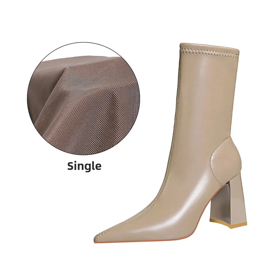 Women's Beige Leather Heel Boots with Block Height - Image 10
