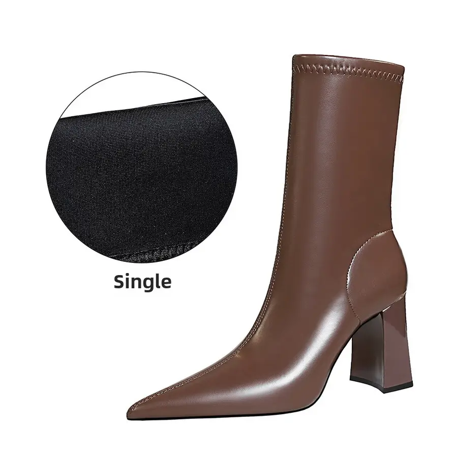 Women's Beige Leather Heel Boots with Block Height - Image 23