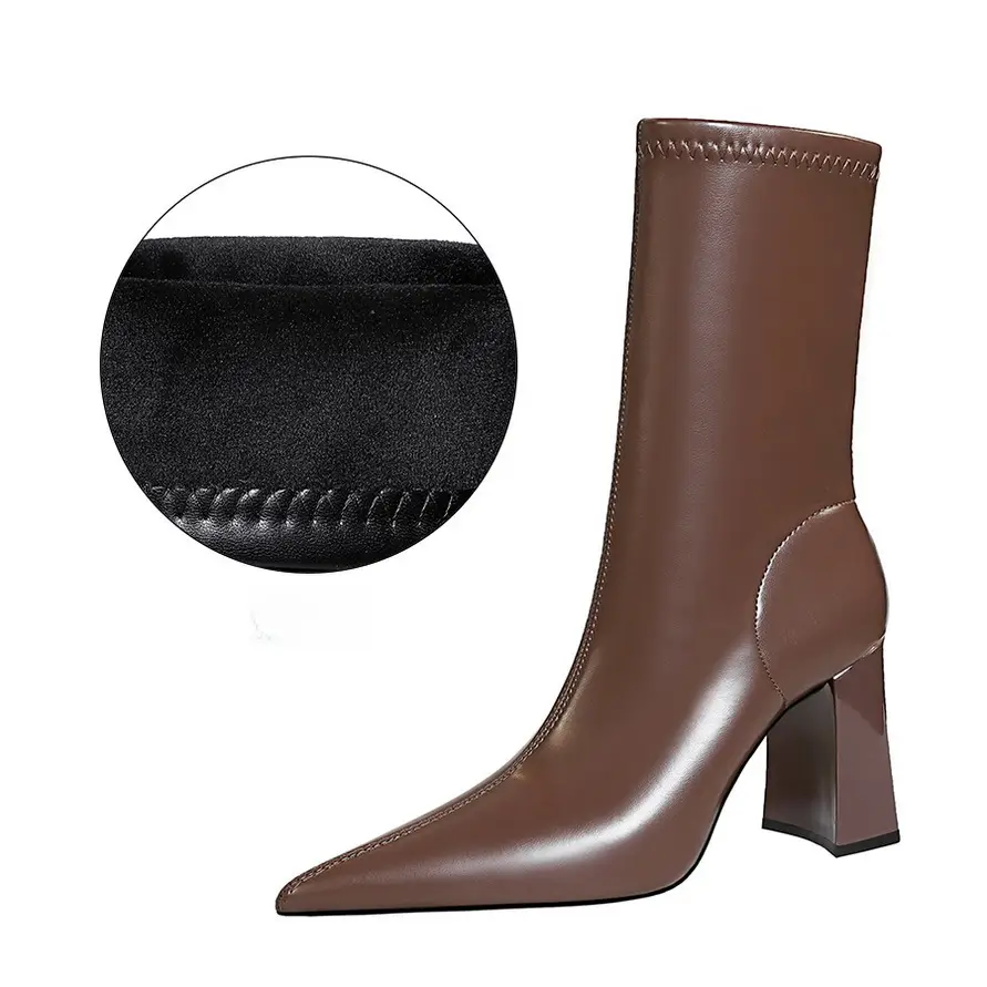 Women's Beige Leather Heel Boots with Block Height - Image 25