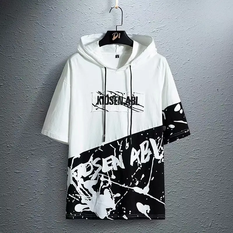 Men Hooded T-shirt Black White Hip-hop Print Casual - Image 4