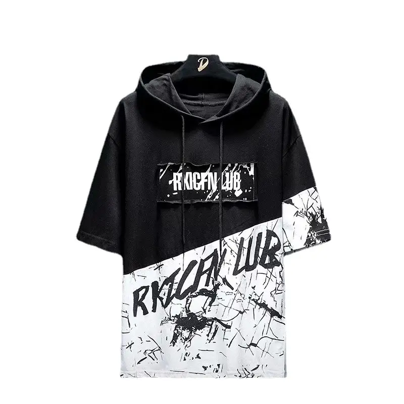 Men Hooded T-shirt Black White Hip-hop Print Casual - Image 7