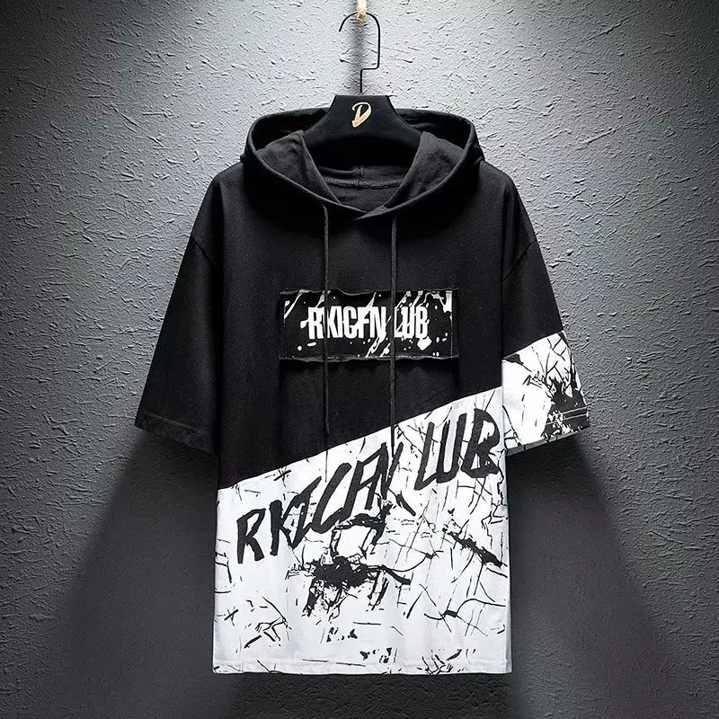 Men Hooded T-shirt Black White Hip-hop Print Casual — feature 1
