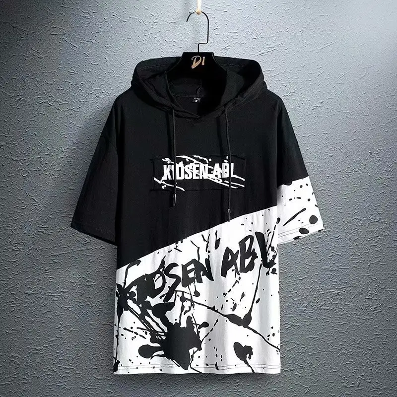Men Hooded T-shirt Black White Hip-hop Print Casual — feature 3