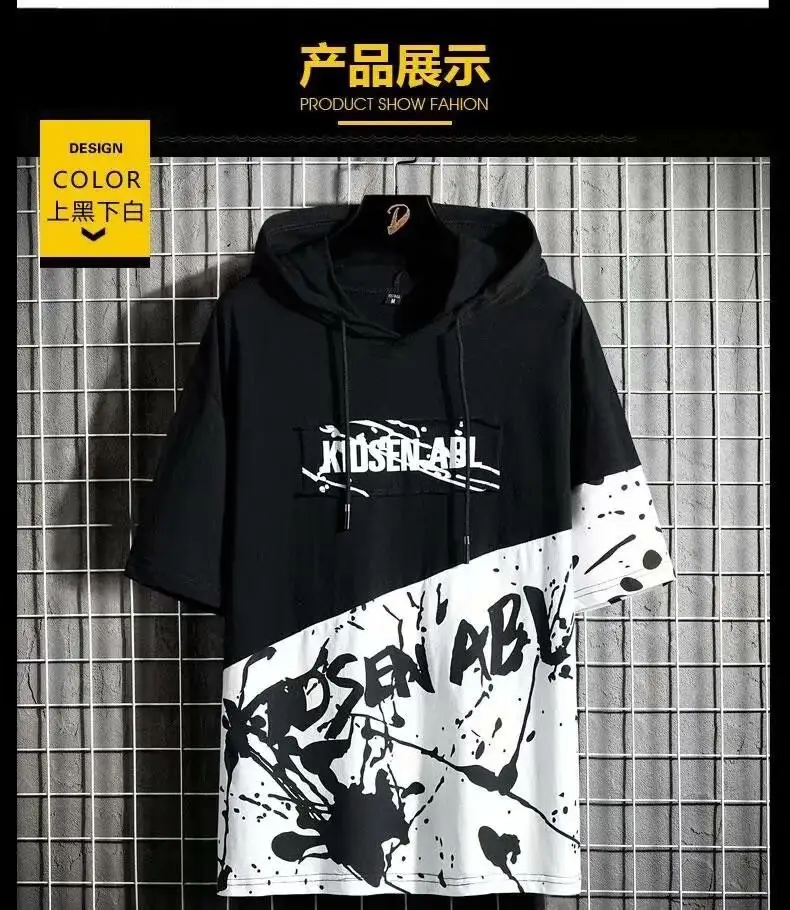 Men Hooded T-shirt Black White Hip-hop Print Casual — feature 4