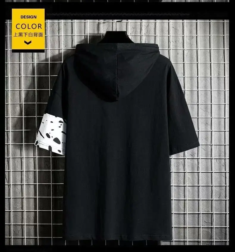 Men Hooded T-shirt Black White Hip-hop Print Casual — feature 5