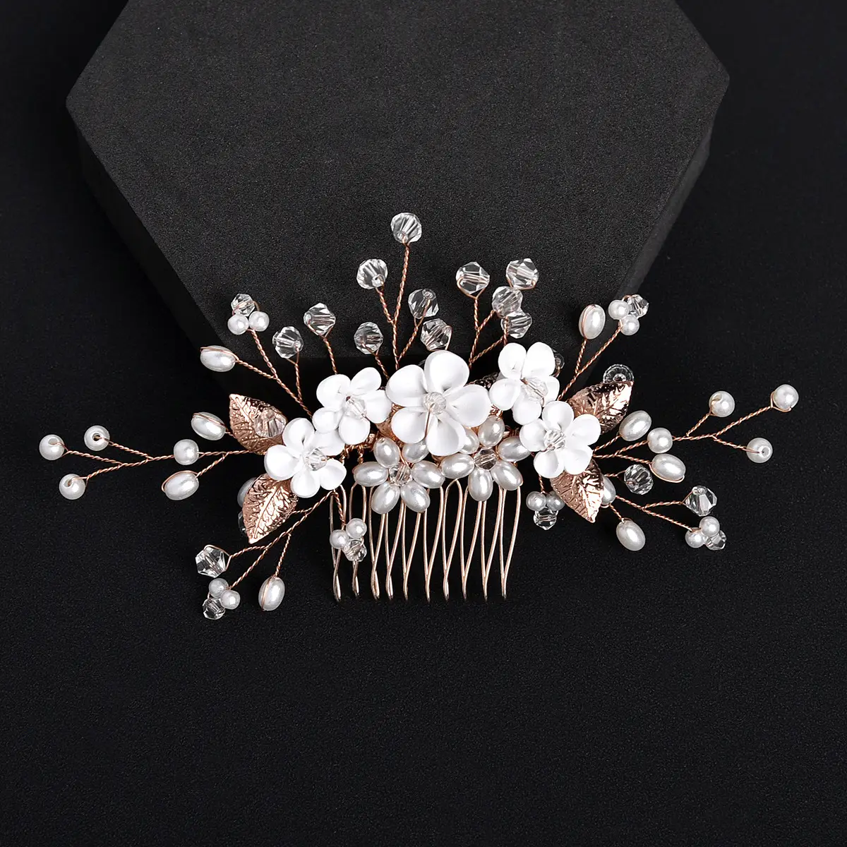 European American Cross Border White Flower Hair Comb with Pearl & Rose Gold - Image 6