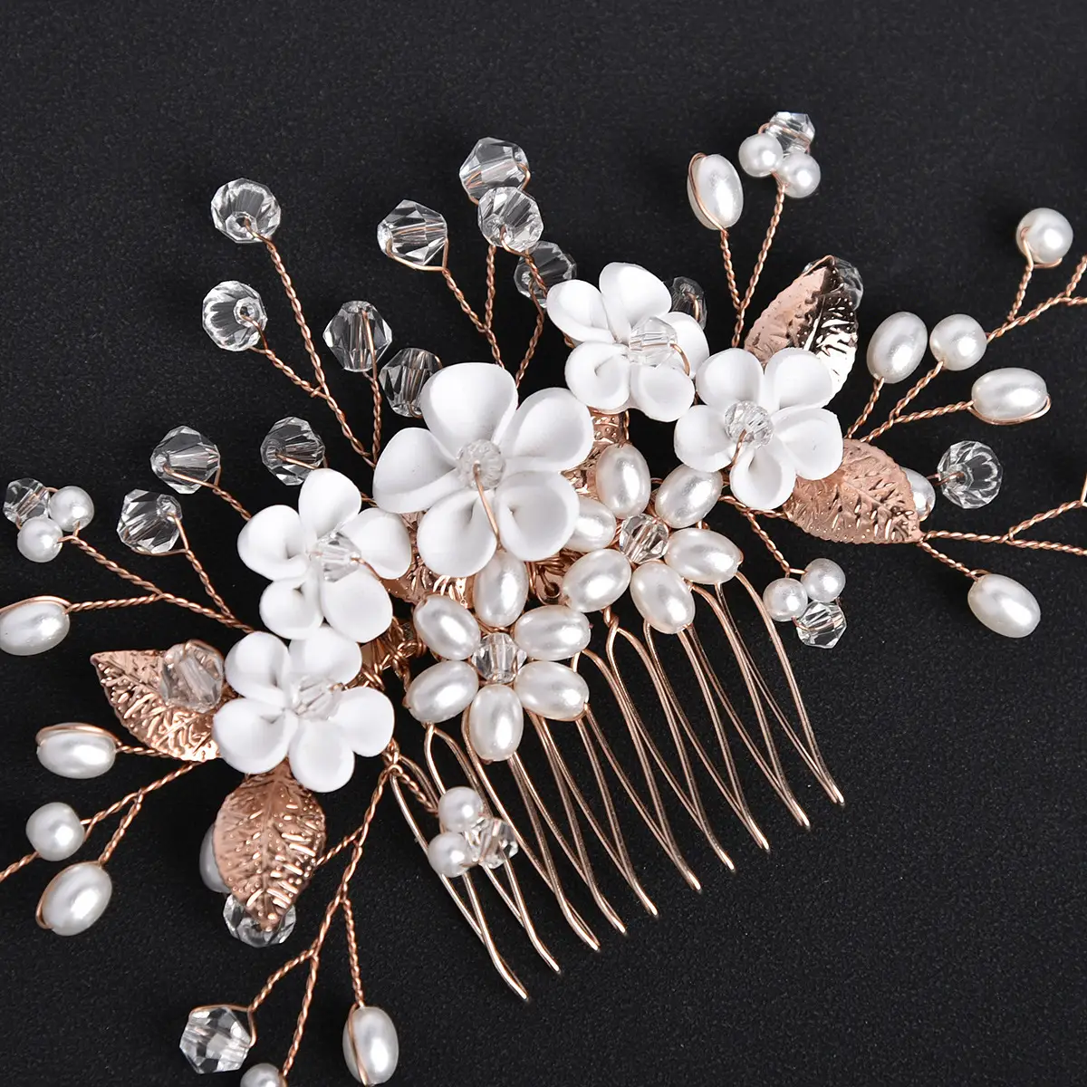European American Cross Border White Flower Hair Comb with Pearl & Rose Gold - Image 7