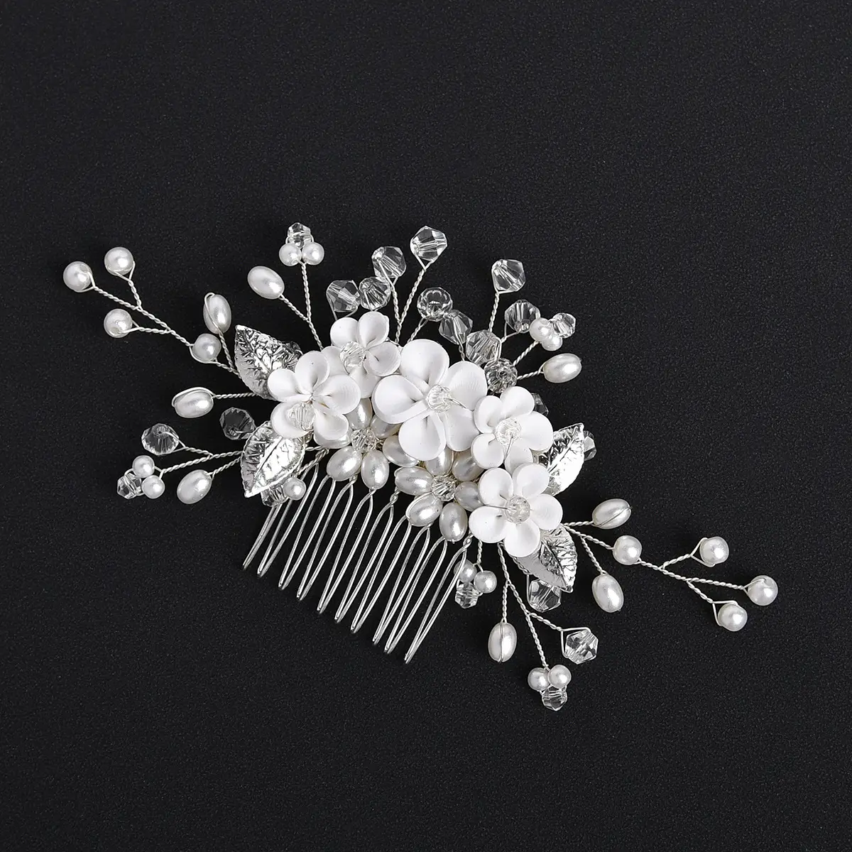 European American Cross Border White Flower Hair Comb with Pearl & Rose Gold - Image 2