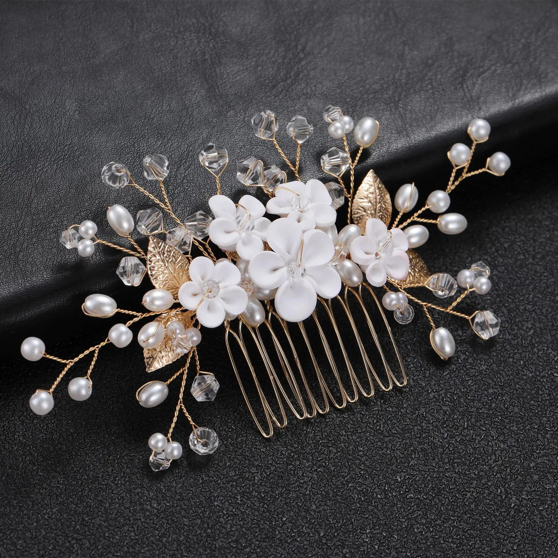 European American Cross Border White Flower Hair Comb with Pearl & Rose Gold - Image 3