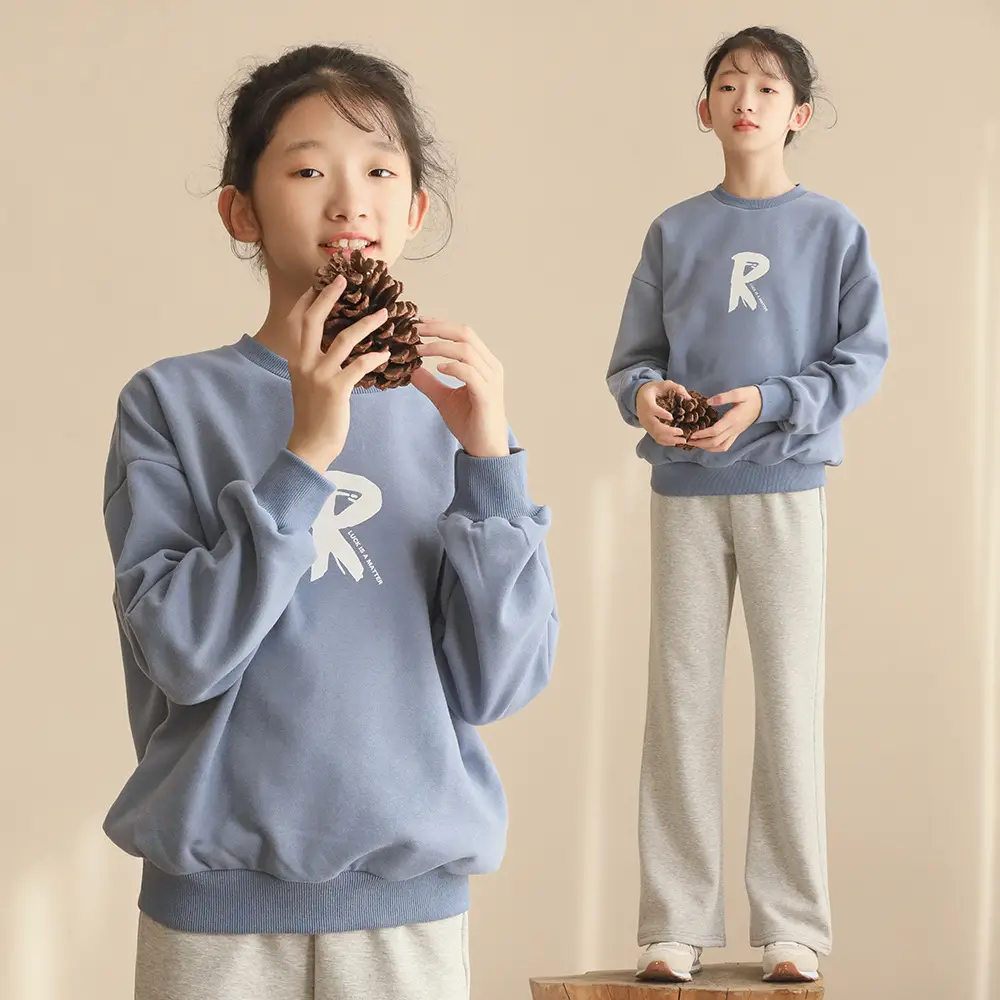 Girls Fleece Lined Round Neck Sweatshirt Blue Medium Large - Image 3