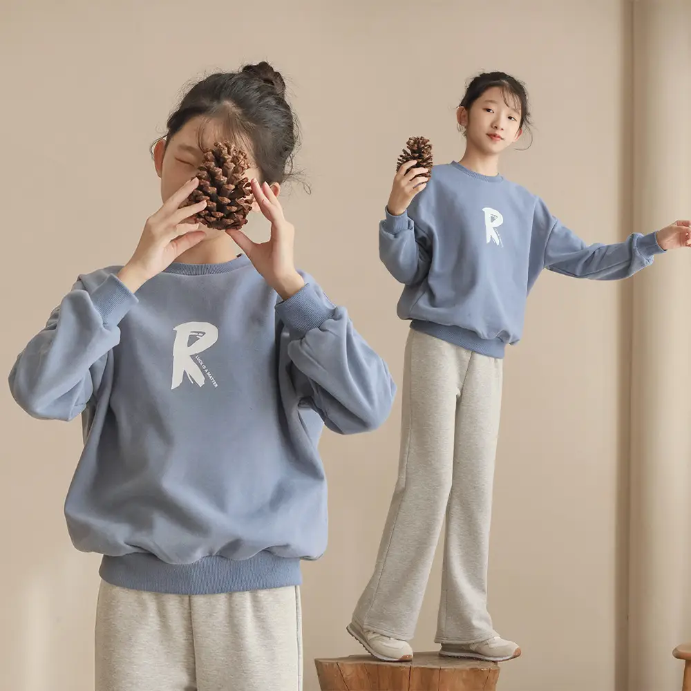 Girls Fleece Lined Round Neck Sweatshirt Blue Medium Large - Image 4