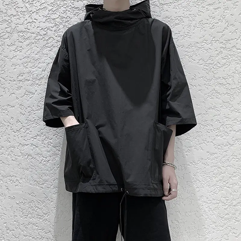 Men Black Hooded Windbreaker T-Shirt Loose Fit Summer Wear - Image 3