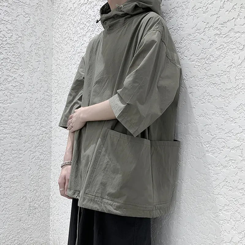 Men Black Hooded Windbreaker T-Shirt Loose Fit Summer Wear - Image 4