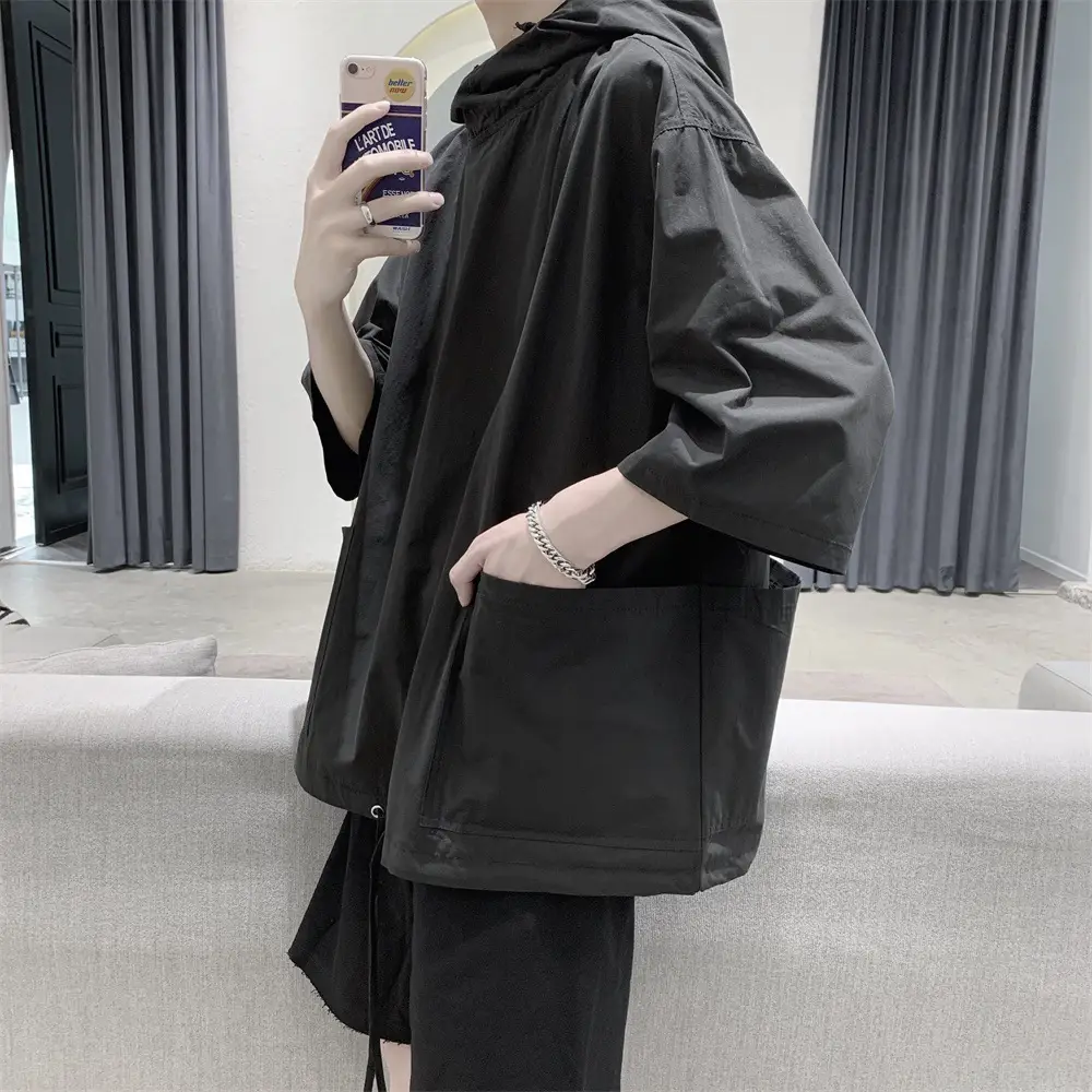 Men Black Hooded Windbreaker T-Shirt Loose Fit Summer Wear - Image 5