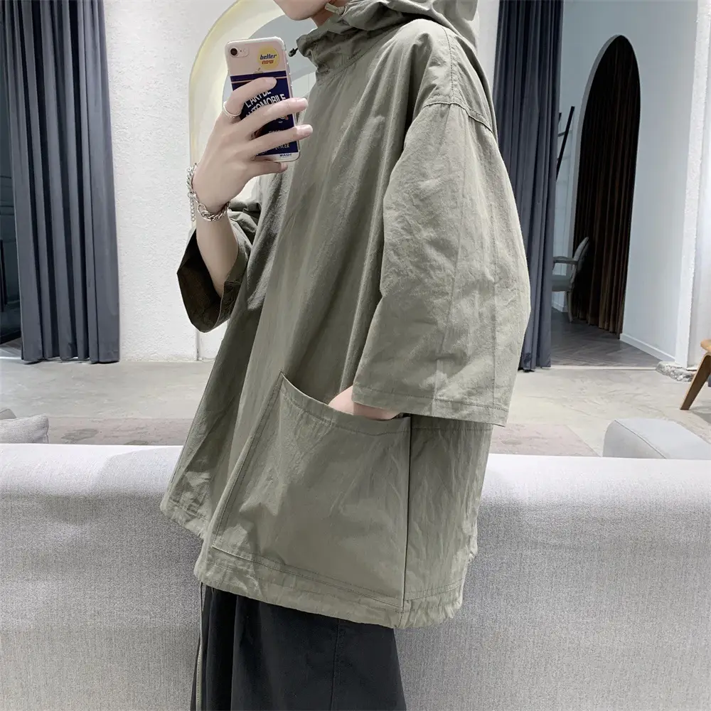 Men Black Hooded Windbreaker T-Shirt Loose Fit Summer Wear - Image 6