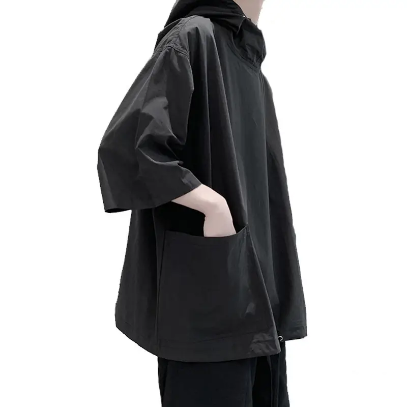 Men Black Hooded Windbreaker T-Shirt Loose Fit Summer Wear - Image 7