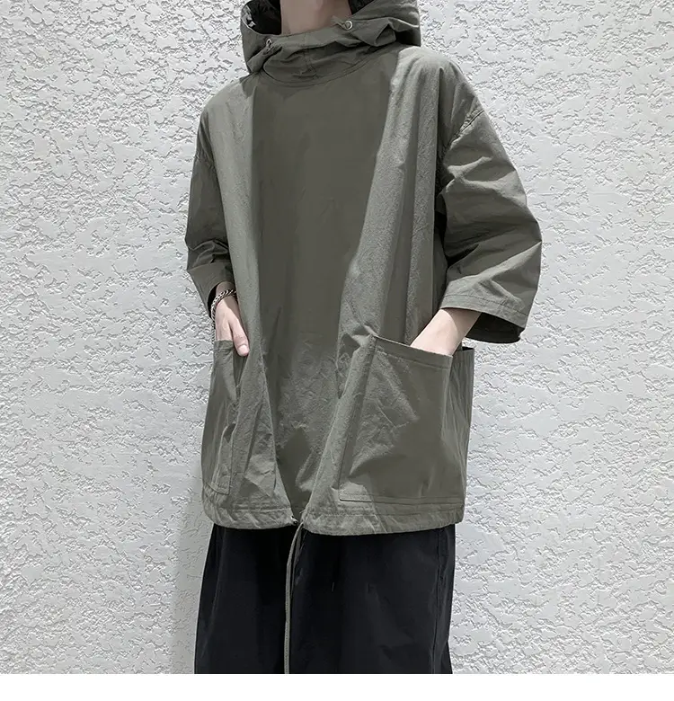 Men Black Hooded Windbreaker T-Shirt Loose Fit Summer Wear — feature 10