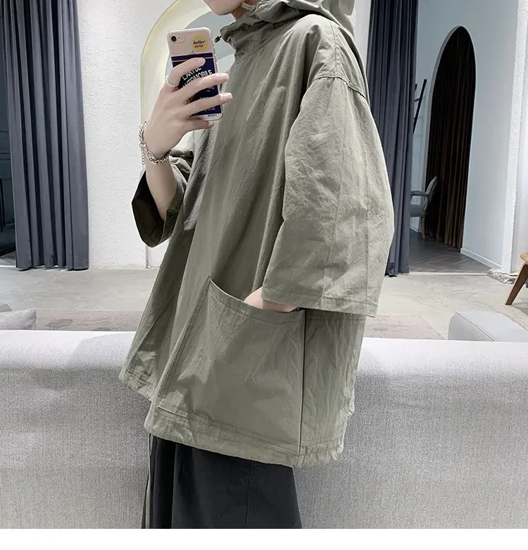 Men Black Hooded Windbreaker T-Shirt Loose Fit Summer Wear — feature 12