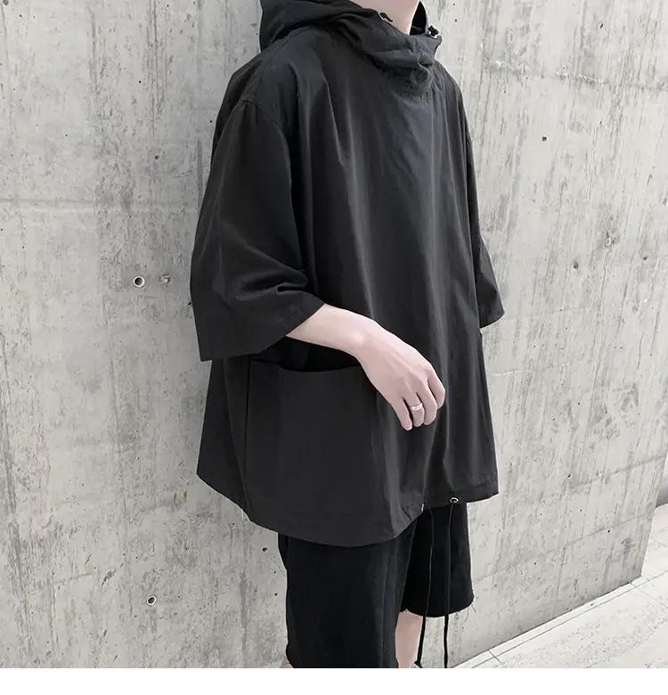 Men Black Hooded Windbreaker T-Shirt Loose Fit Summer Wear — feature 2