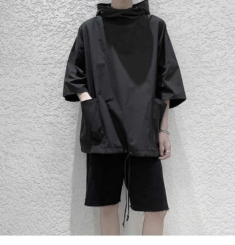 Men Black Hooded Windbreaker T-Shirt Loose Fit Summer Wear — feature 3