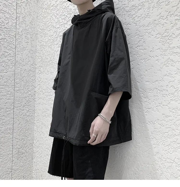 Men Black Hooded Windbreaker T-Shirt Loose Fit Summer Wear — feature 4