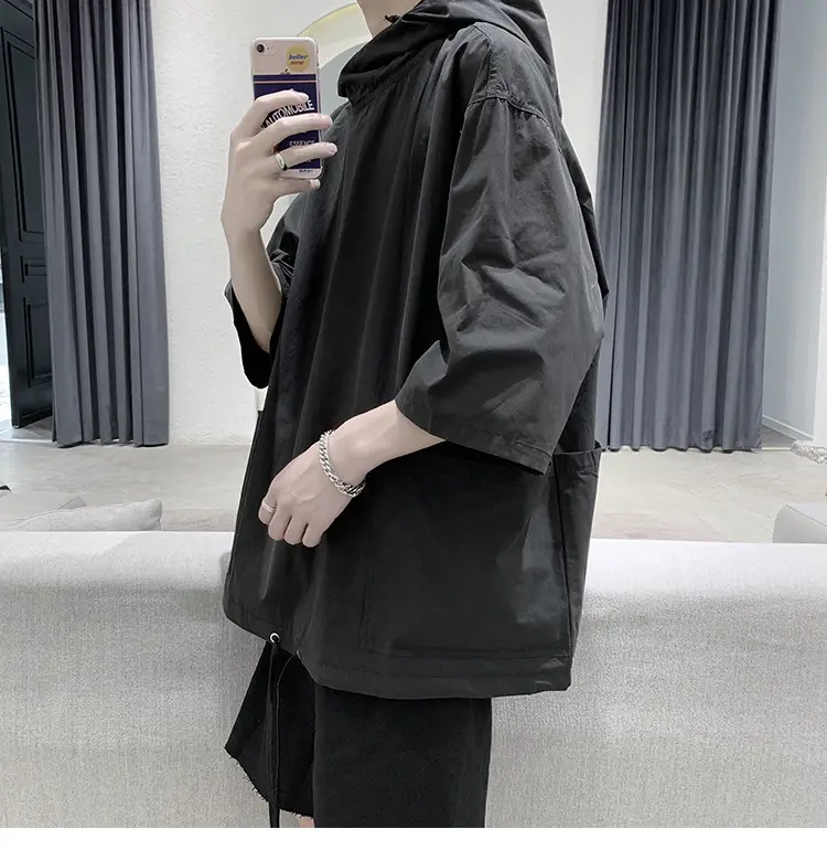 Men Black Hooded Windbreaker T-Shirt Loose Fit Summer Wear — feature 5