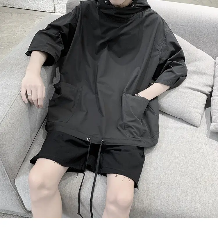 Men Black Hooded Windbreaker T-Shirt Loose Fit Summer Wear — feature 6