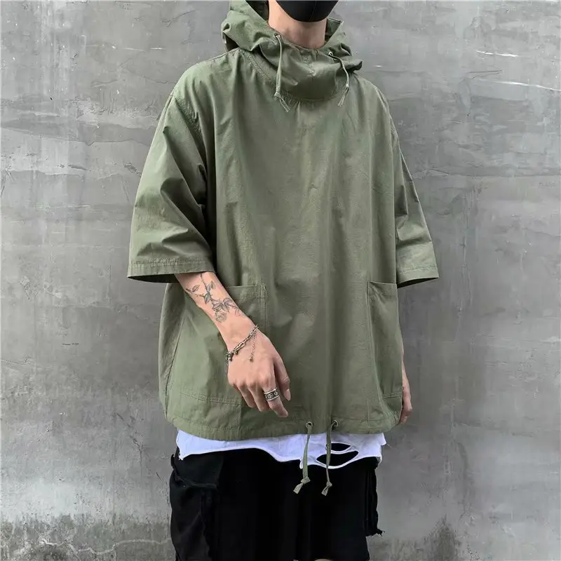 Men Black Hooded Windbreaker T-Shirt Loose Fit Summer Wear - Image 2