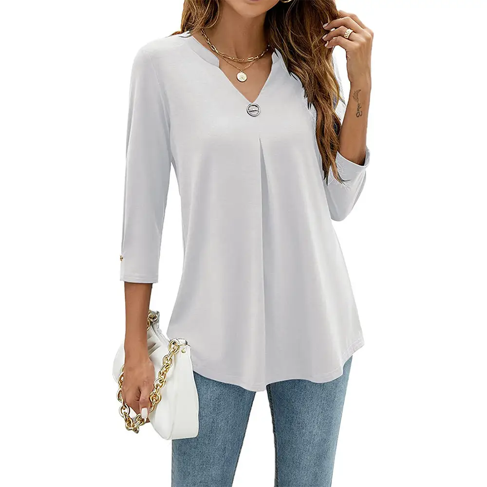Black 3/4 Sleeve V Neck Button Pleated T-Shirt for Women
