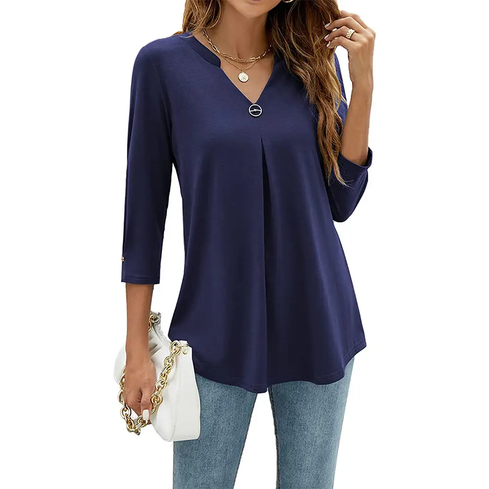 Black 3/4 Sleeve V Neck Button Pleated T-Shirt for Women