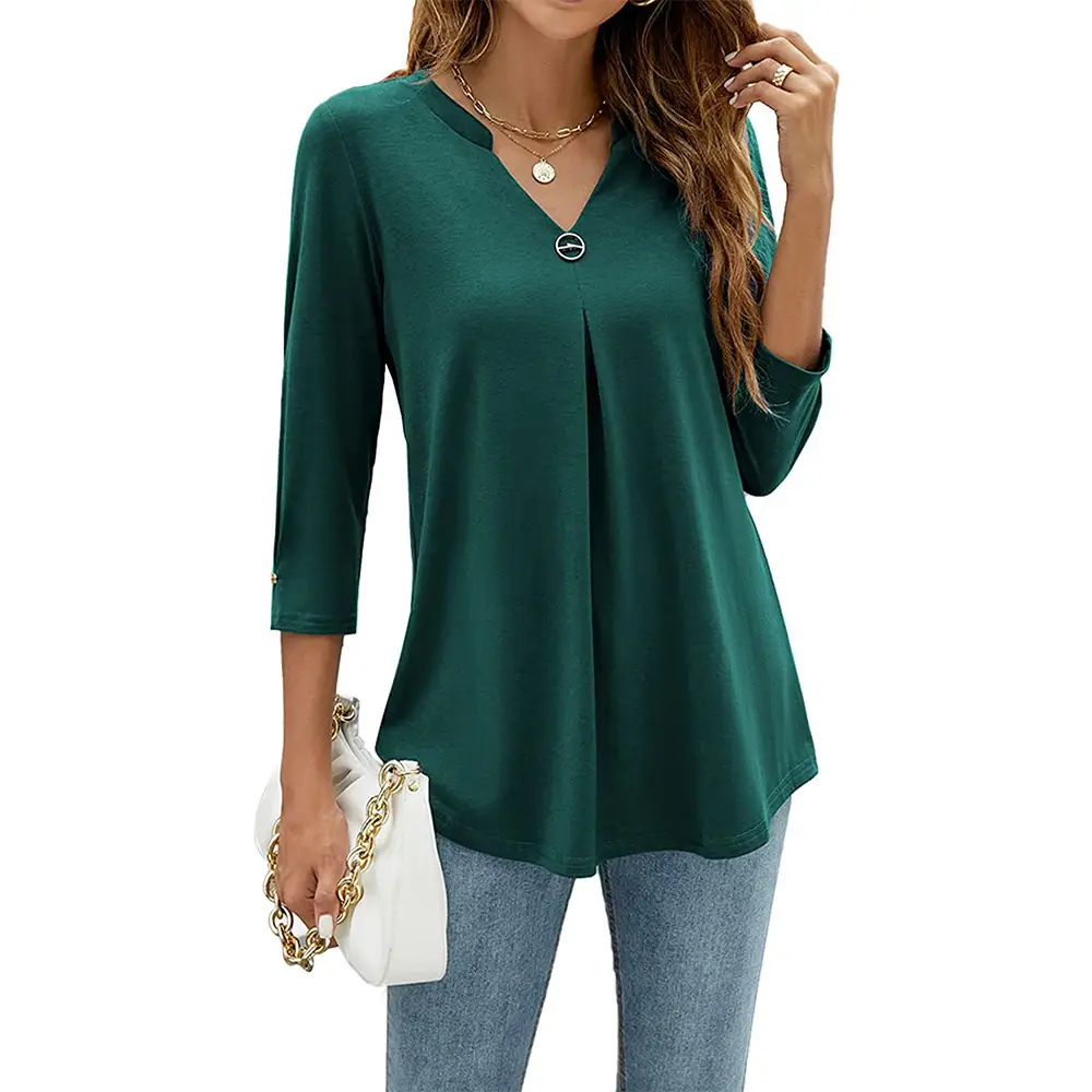 Black 3/4 Sleeve V Neck Button Pleated T-Shirt for Women