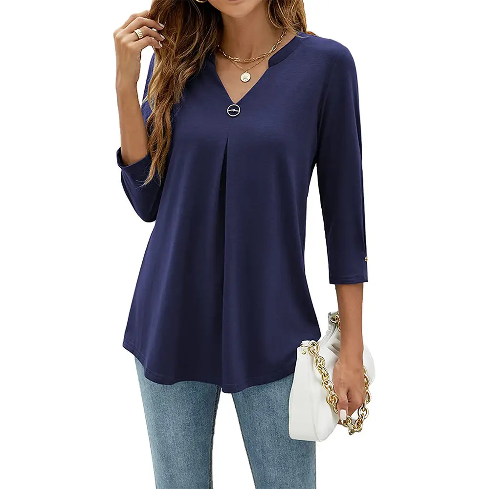 Black 3/4 Sleeve V Neck Button Pleated T-Shirt for Women