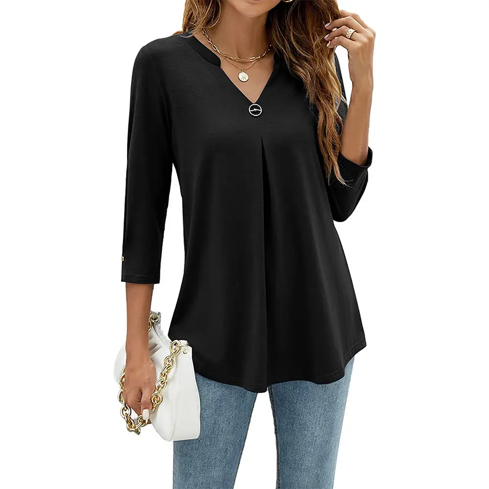 Black 3/4 Sleeve V Neck Button Pleated T-Shirt for Women