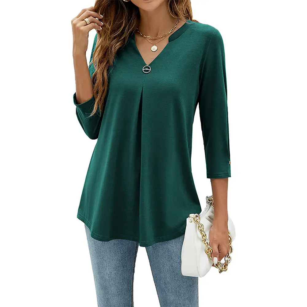 Black 3/4 Sleeve V Neck Button Pleated T-Shirt for Women