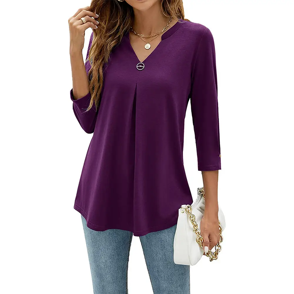 Black 3/4 Sleeve V Neck Button Pleated T-Shirt for Women
