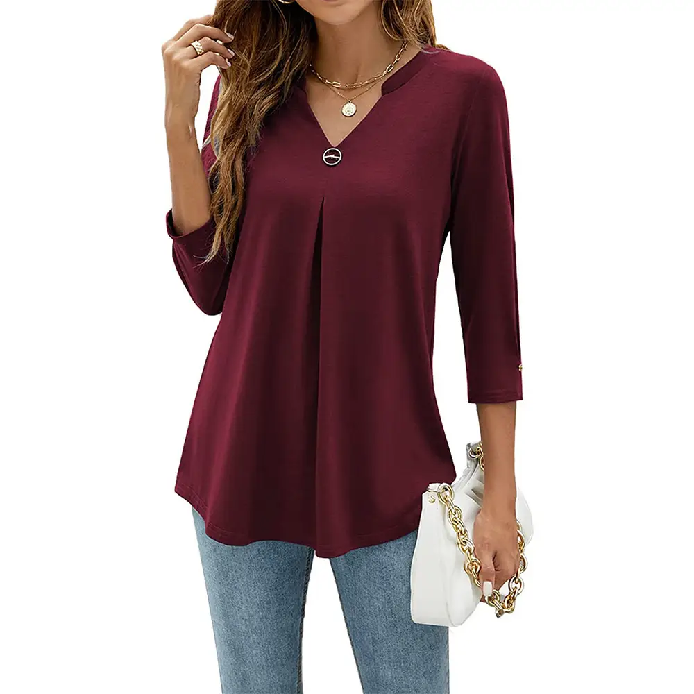 Black 3/4 Sleeve V Neck Button Pleated T-Shirt for Women