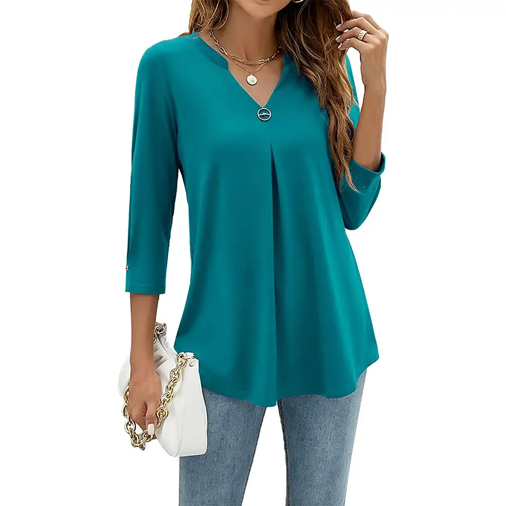 Black 3/4 Sleeve V Neck Button Pleated T-Shirt for Women