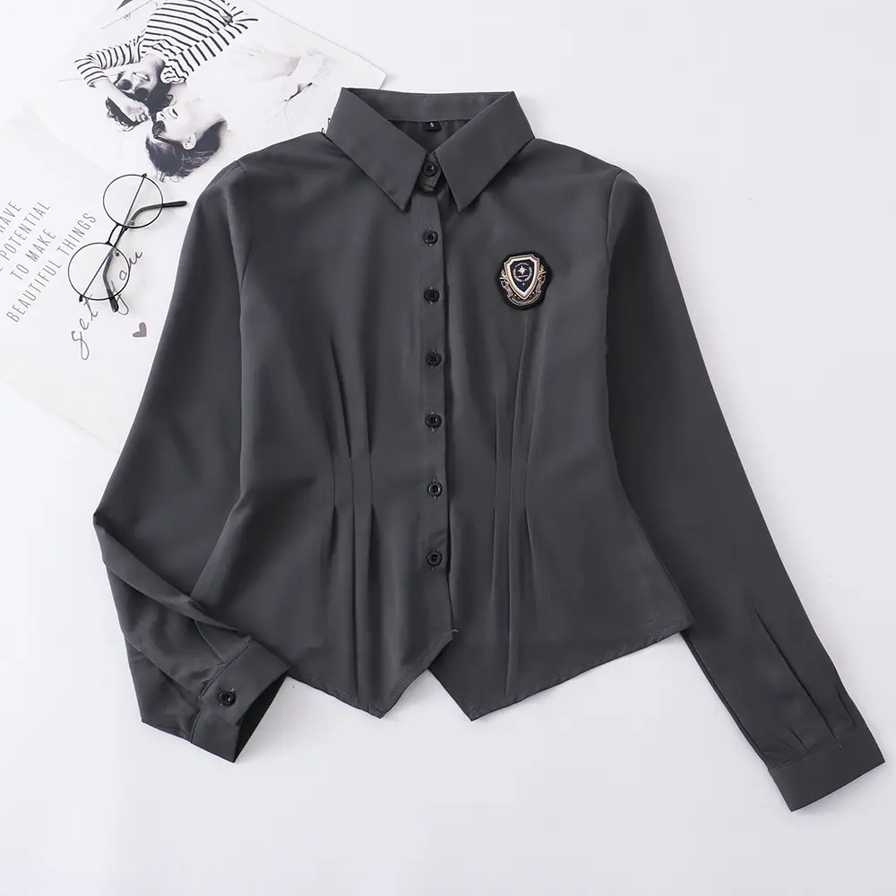 Dark Gray Japanese JK Elastic Waist Shirt with Embroidered Patch - Image 2