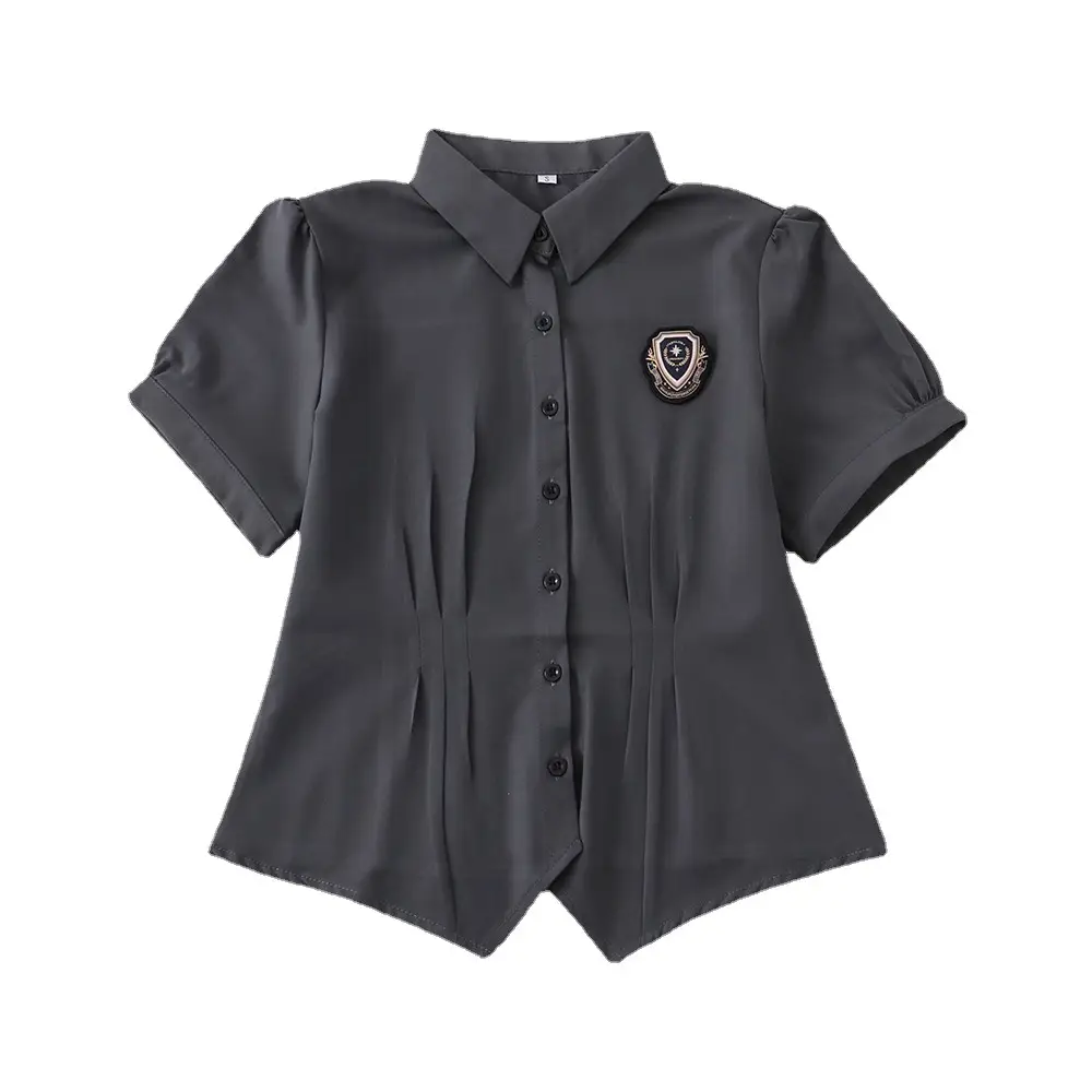 Dark Gray Japanese JK Elastic Waist Shirt with Embroidered Patch - Image 6