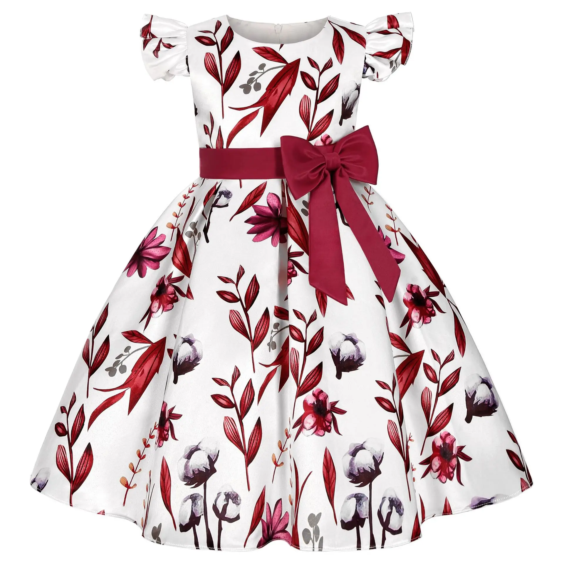 Princess Birthday Dress Blue Floral Flying Sleeves Bow Print - Image 5