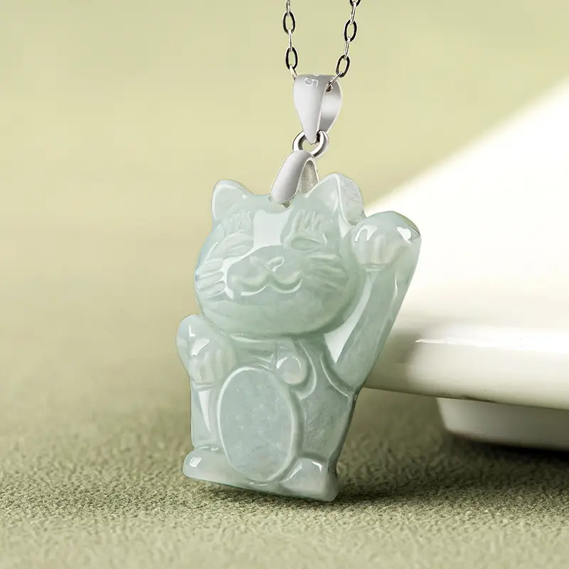 Natural Burmese Jade Lucky Cat Pendant Light Green S925 Silver - Image 2