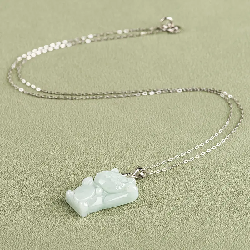 Natural Burmese Jade Lucky Cat Pendant Light Green S925 Silver - Image 3