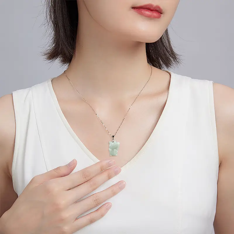 Natural Burmese Jade Lucky Cat Pendant Light Green S925 Silver - Image 4